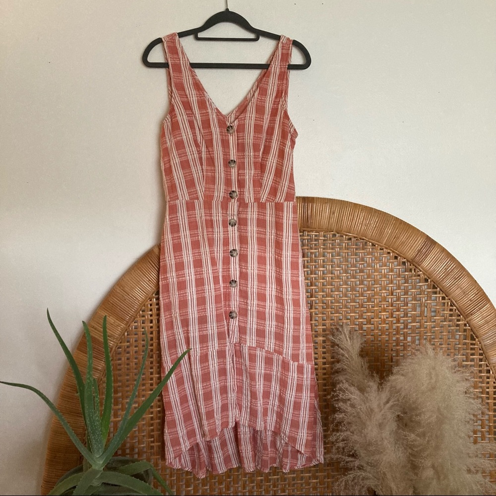 Peaches n Cream plaid button up dress with slight flared high-low hem